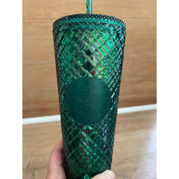 VHTF NWT Starbucks Green Diamond Textured Cold Cup Tumbler With Straw 24 Oz - Picture 1 of 5